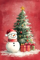 Charming Christmas scene with a snowman next to a brightly decorated Christmas tree