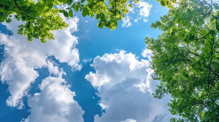 Sky with white clouds and green trees