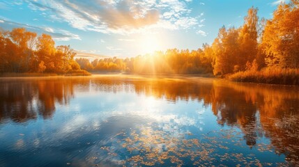Sun s reflection on lake in autumn landscape Background