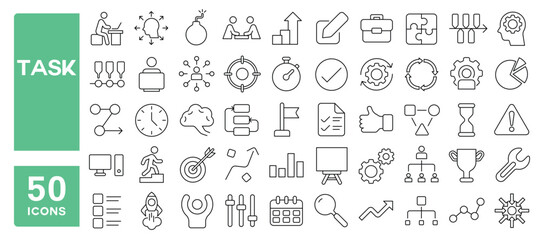 Set of 50 line icons related to task, workflow, assignment, to do list, clipboard, project, productive, processing, goal, planning, schedule, deadline, Editable stroke. Vector illustration