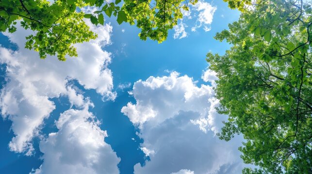 Sky with white clouds and green trees