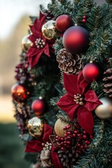 Obraz premium A Beautiful and Festive Christmas Wreath Featuring Delightful Red and Elegant Gold Accents