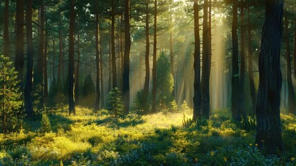 Naklejka premium Stunning pine forest in morning sunlight