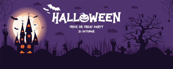 Vector Halloween celebration illustration with spooky background and pumpkins Halloween greeting