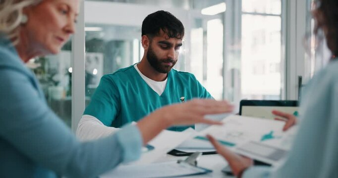 Data, documents and healthcare with people in boardroom of hospital for meeting, planning or research. Doctors, information and nurses with professional medical group in clinic for development