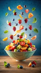Salad bowl with fresh mixed fruits. Fresh mixed fruits pieces falling in bowl of fruit salad isolated. Strawberry, kiwi, lemon, blueberry, apple, mint. Healthy and beneficial food