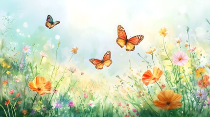 Seamless watercolor floral pattern with colorful wildflowers, leaves, plants and flying butterflies. Vintage garden background in a panoramic horizontal layout