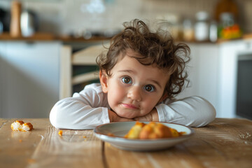 Curious toddler sitting at the kitchen table with a pastry. Concept of childhood curiosity and meal time.