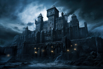 Dark spooky castle at night, scary medieval gothic palace on full moon background, old grim mansion like in horror movie. Concept of Halloween, nightmare
