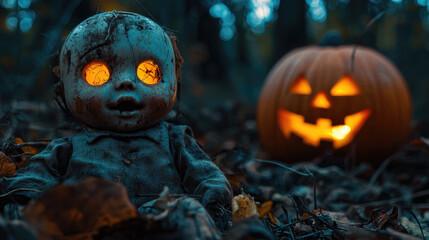 Naklejka premium Spooky broken dirty doll and jack pumpkin in dark woods on Halloween, scary scene with in forest at night. Concept of horror, party, movie,