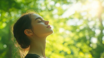 Naklejka premium Woman breathing in fresh forest air enjoying tranquil moment of peace and serenity
