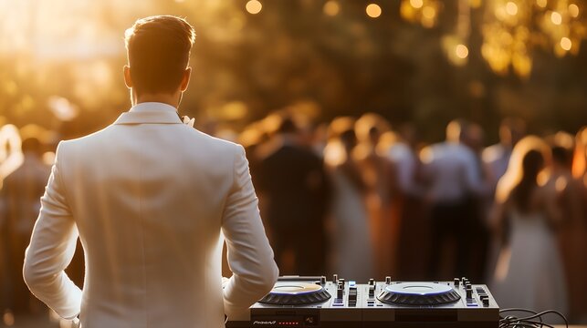 A DJ mixes songs at an outdoor wedding reception while guests dance and celebrate.