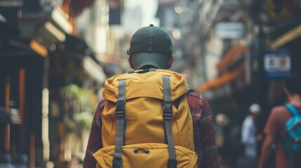 a person with a backpack walking down a street in a city with buildings and people walking by on the sidewalk..
