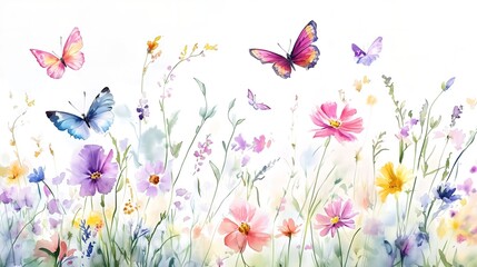 Seamless watercolor floral pattern with colorful wildflowers, leaves, plants and flying butterflies. Vintage garden background in a panoramic horizontal layout