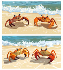 Image of Crabs on shore. Cute crustaceans on sand beach backgrounds, cheerful red crab claws animal on seascape coastline, set vector illustration printed on Printed Glass Splashbacks