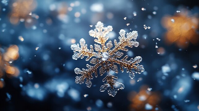 Snowflakes gently falling against the backdrop of a night sky