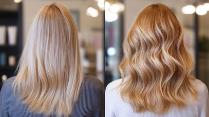 Fototapeta premium Curly Hair Makeover: A Girl’s Journey from Straight to Curly with Professional Salon Treatment, Highlighting the Dramatic Before and After Change