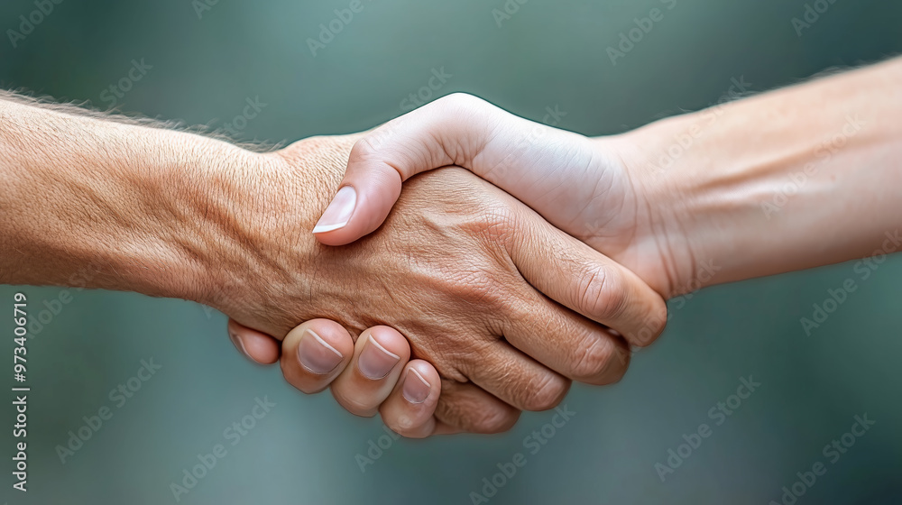 Wall mural two hands shake in agreement outdoors during daylight