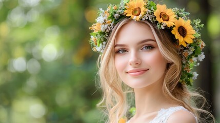 Naklejka premium A woman with blonde hair and blue eyes embodies grace, adorned with a flower crown of sunflowers and autumn leaves, standing amidst natural beauty in soft light