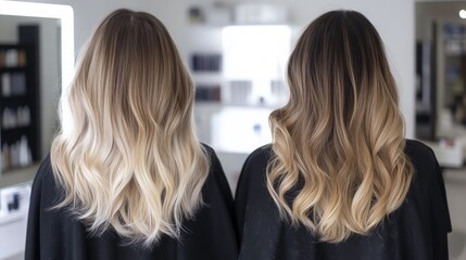 Fototapeta premium Girl’s Hair Color Transformation: From Light to Dark with Professional Salon Treatment – Stunning Before and After Makeover Results