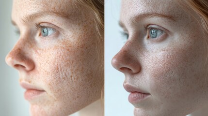 Young Woman’s Skin Transformation: Before and After Cosmetic Treatment for Wrinkles – Close-Up Portrait Showcasing Clear, Spotless Beauty