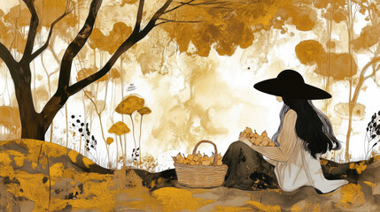 Woman Enjoying a Picnic in a Park with a Basket of Fresh Fruit
