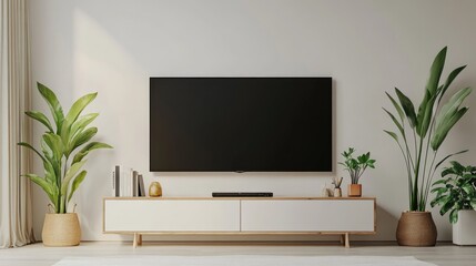Modern Living Room Interior with TV Shelf and Plant on White Wall Background