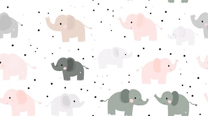 This delightful pattern features cute baby elephants in pastel pink, grey, and sage green against a white background adorned with polka dots, ideal for playful creations SEAMLESS PATTERN