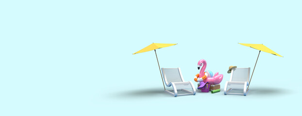 A chaise longue, an umbrella from the sun. A suitcase, a ball, a circle and a flamingo for swimming. 3d on the theme of travel, recreation, tickets, the sea. Blue background.