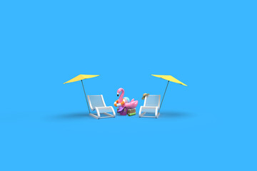 A chaise longue, an umbrella from the sun. A suitcase, a ball, a circle and a flamingo for swimming.  A bag and a mat. 3d on the theme of travel, recreation, tickets, the sea. Blue background. 