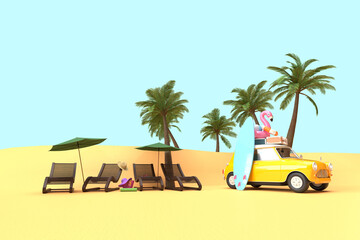 A yellow vintage car on the beach. On the roof there is a suitcase, a ball, a circle and a flamingo for swimming. Surfboard, palm trees. 3d on the theme of travel, recreation, tickets, the sea.