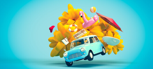A blue vintage car. On the roof there is a suitcase, a ball, a circle and a flamingo for swimming, a surfboard on the side. 3d on the topic of travel, recreation, tickets, the sea. Bright flowers.