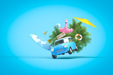 The blue vintage car is flying. On the roof there is a suitcase, a ball, a circle and a flamingo for swimming. Surfboard, palm trees. 3d on the theme of travel, recreation, tickets, the sea. © Romafa
