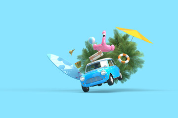 The blue vintage car is flying. On the roof there is a suitcase, a ball, a circle and a flamingo for swimming. Surfboard, palm trees. 3d on the theme of travel, recreation, tickets, the sea.