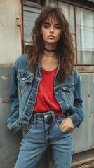 A Woman in Denim and Red, Leaning Against a Wall