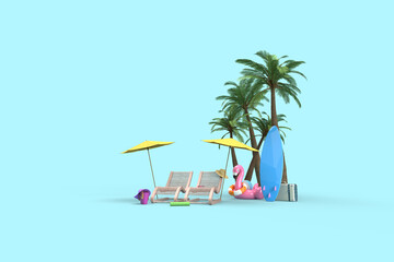 A chaise longue, an umbrella from the sun. A suitcase, a ball, a circle and a flamingo for swimming. Surfboard and palm trees. 3d on the theme of travel, recreation, tickets, the sea. Blue background.