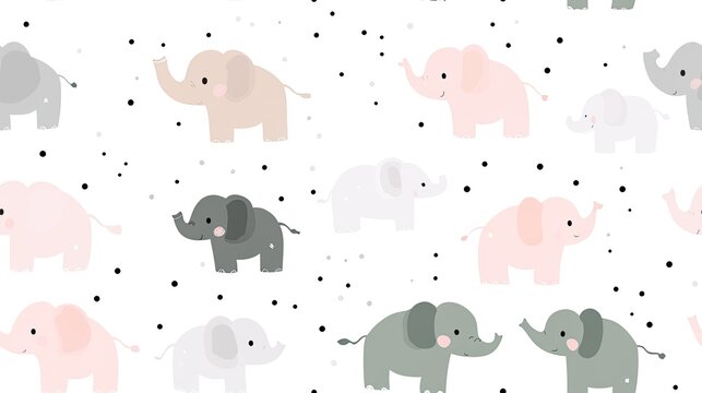 This delightful pattern features cute baby elephants in pastel pink, grey, and sage green against a white background adorned with polka dots, ideal for playful creations SEAMLESS PATTERN