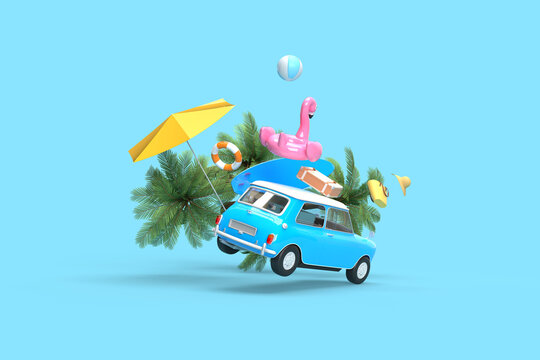 The blue vintage car is flying. On the roof there is a suitcase, a ball, a circle and a flamingo for swimming. Surfboard, palm trees. 3d on the theme of travel, recreation, tickets, the sea.