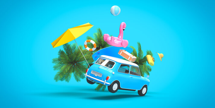 The blue vintage car is flying. On the roof there is a suitcase, a ball, a circle and a flamingo for swimming. Surfboard, palm trees. 3d on the theme of travel, recreation, tickets, the sea.