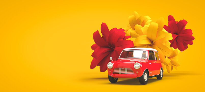 Bright red and yellow flowers. A red vintage compact car on a background of flowers. 3d rendering on the topic of postcards, wallpaper, cars, spare parts, promotions, marketing. Minimal style.