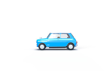 Vintage blue car on a transparent background. 3d rendering on the topic of transport, car, spare parts, work, business, design. Minimal style. Side view.