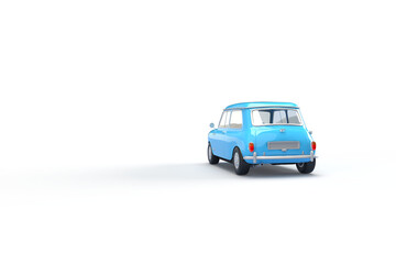 Vintage blue car on a transparent background. 3d rendering on the topic of transport, car, spare parts, work, business, design. Minimal style. Rear view.