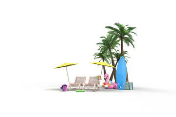 A chaise longue, an umbrella from the sun. A suitcase, a ball, a circle and a flamingo for swimming. Surfboard and palm trees. 3d on the theme of travel, recreation, tickets, the sea. 