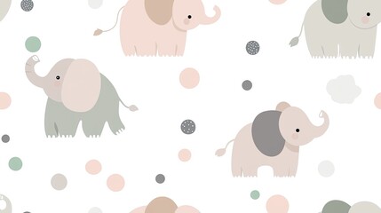 This delightful pattern features cute baby elephants in pastel pink, grey, and sage green against a white background adorned with polka dots, ideal for playful creations SEAMLESS PATTERN
