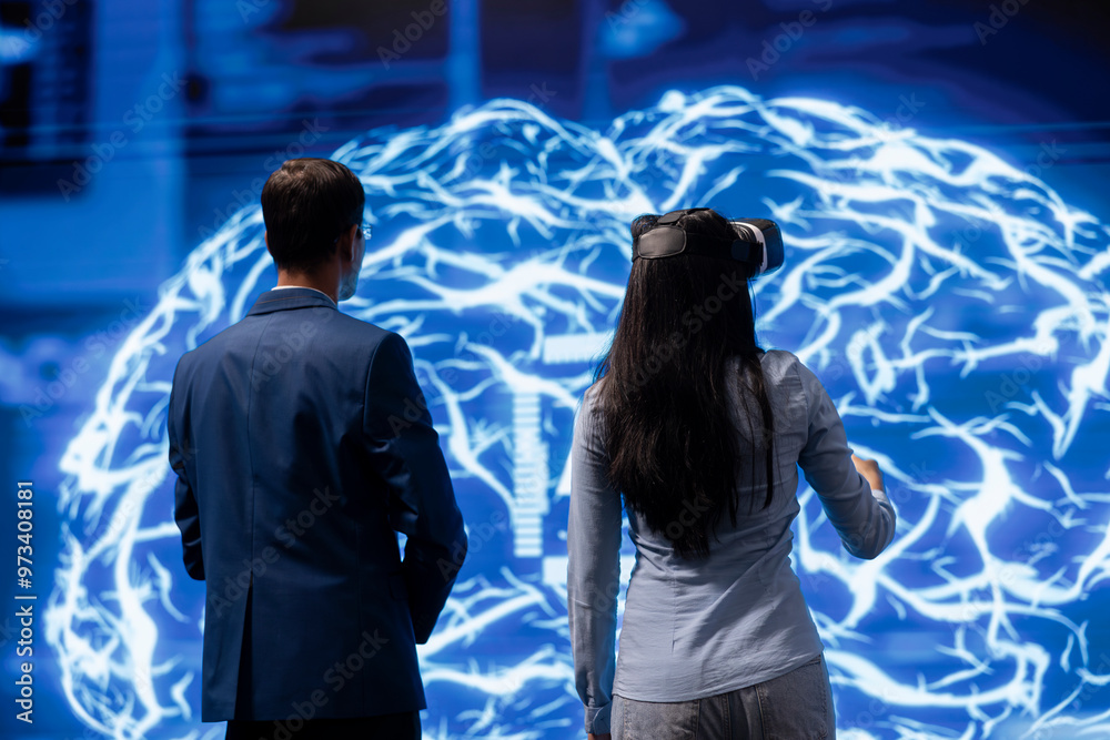 Poster engineer wearing vr headset and coworker working with artificial intelligence neural networks. colle