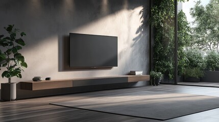Fototapeta premium Minimalistic Living Room with Modern TV Cabinet in Contemporary Interior Design