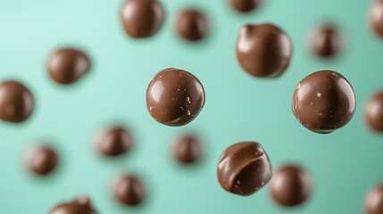 Fototapeta premium Candy-coated chocolates floating in front of a soft pastel green background, captured with sharp clarity and no dark areas
