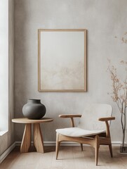 Modern Scandinavian Living Room with Blank Poster Frame on White Wall. Home Decoration Concept