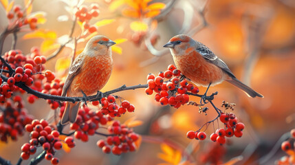 Obraz premium crossbill sitting on a branch of an autumn tree, rowan berries, fall background, season, september, october, bird, wings, animal, forest, nature, wallpaper, beauty, feathers, ornithology