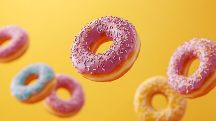 Doughnuts with colorful icing suspended in the air on a soft pastel yellow background, captured in sharp, vibrant detail with excellent lighting